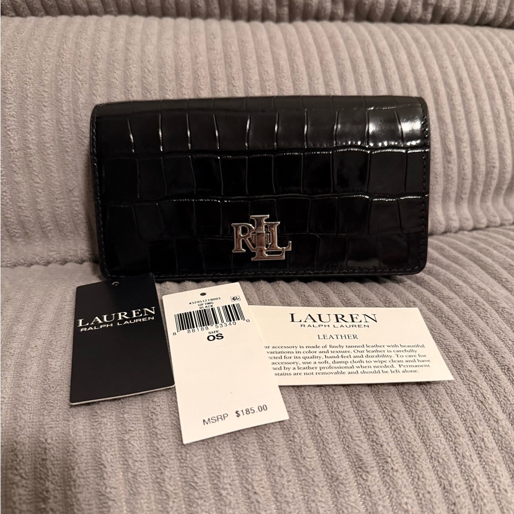 Lauren Ralph Lauren Black Croc Embossed Leather Crossbody Bag
